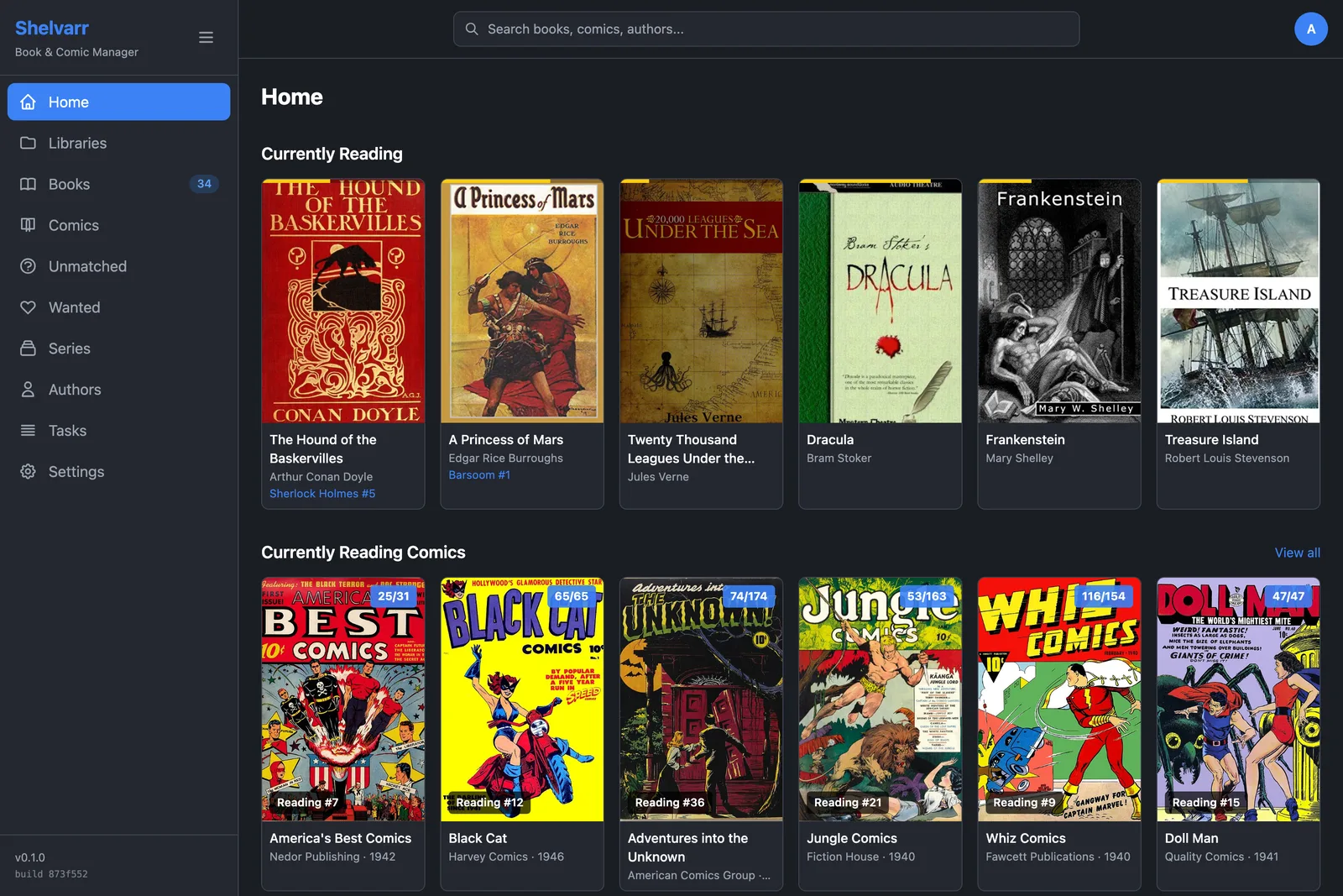 The Shelvarr home screen, with books and comics in progress